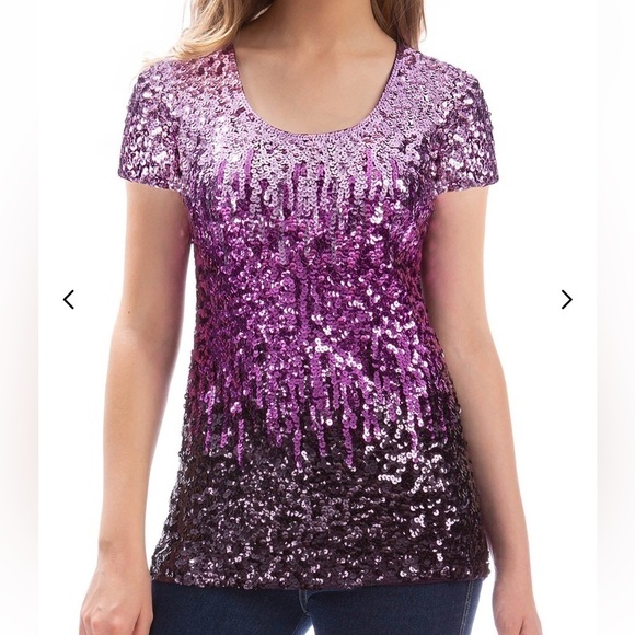 NWT Glitter Sequin Ombré Purple Short Sleeve Blouse Small Sparkle Party Top - Picture 1 of 15